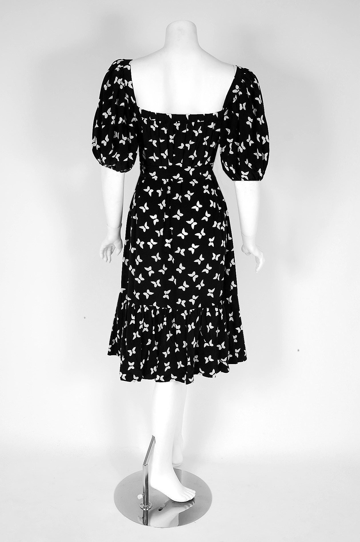 1970's Yves Saint Laurent Black White Butterfly Novelty-Print Silk Peasant Dress 1