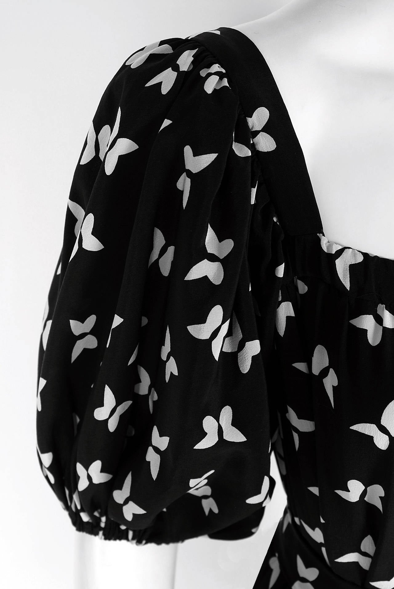 Women's 1970's Yves Saint Laurent Black White Butterfly Novelty-Print Silk Peasant Dress
