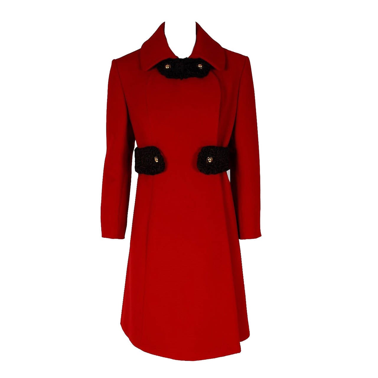 1960's Saks Fifth Avenue Ruby-Red Wool & Persian-Lamb Fur Belted Mod Coat