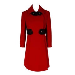 Retro 1960's Saks Fifth Avenue Ruby-Red Wool & Persian-Lamb Fur Belted Mod Coat