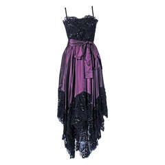 1970's Yves Saint Laurent Black Sequin-Lace & Purple Silk Asymmetric Dress 12