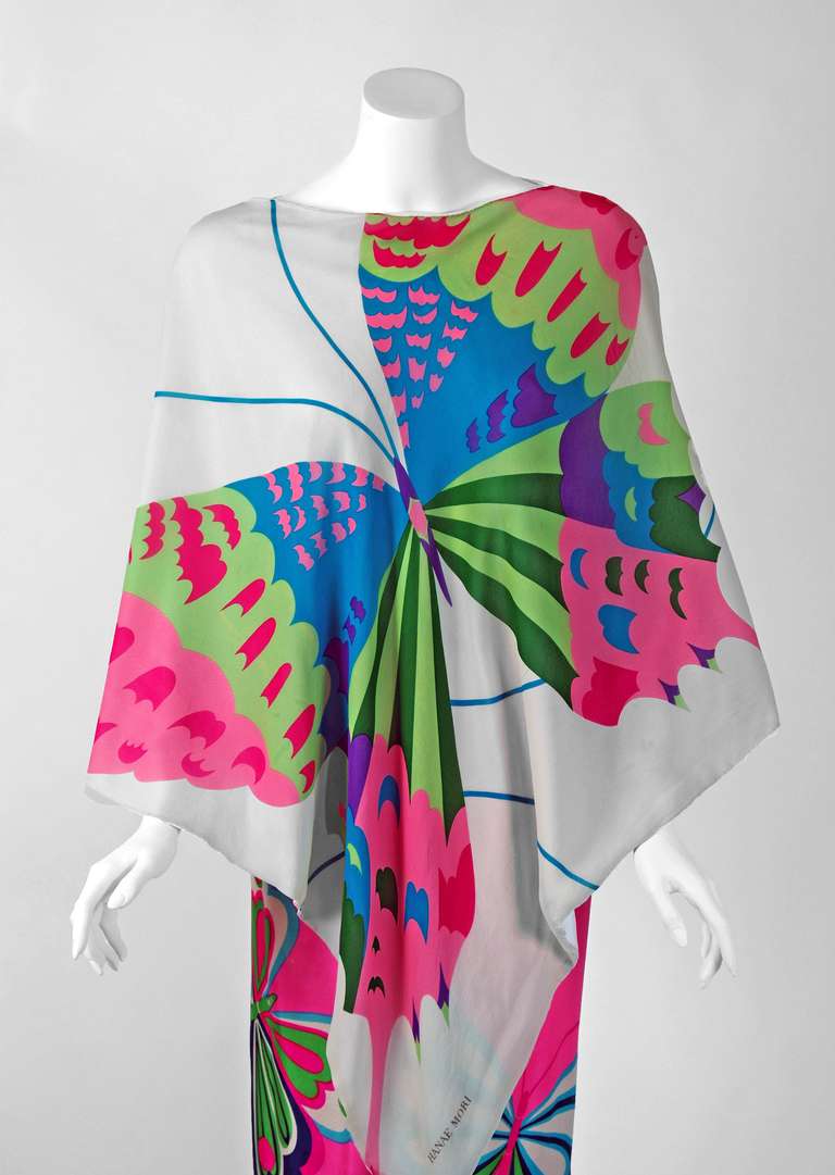 Breathtaking museum-quality, iconic and instantly recognizable kimono blouse ensemble from Hanae Mori's 1967 collection. Whilst on a Paris holiday in 1960, Mori had a fateful fitting with Coco Chanel. She claimed this meeting changed her life and