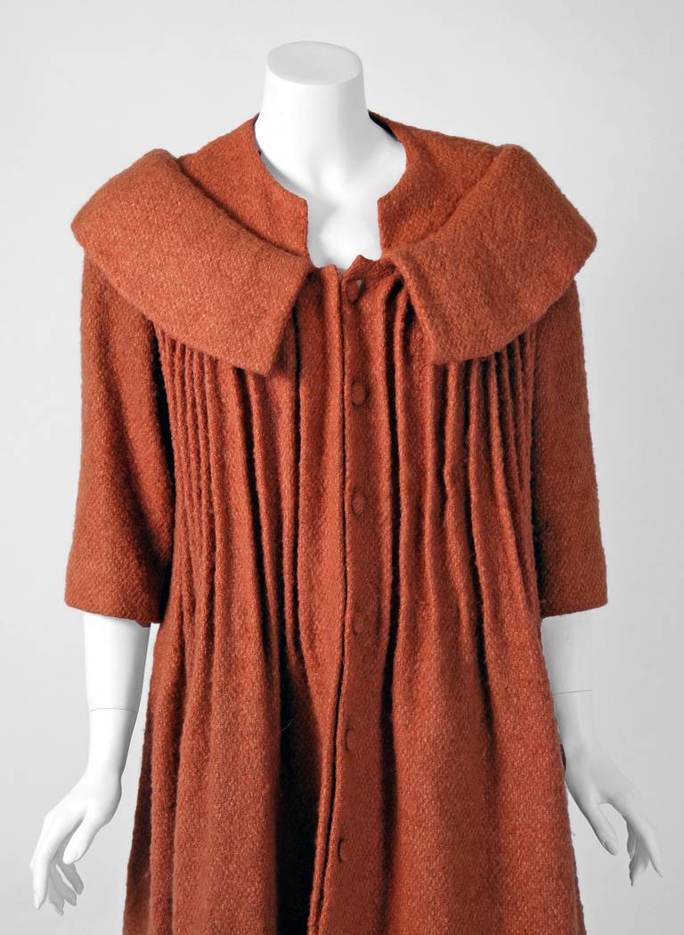 Women's 1958 Pierre Cardin Haute-Couture Documented Butterscotch Pleated Wool Coat