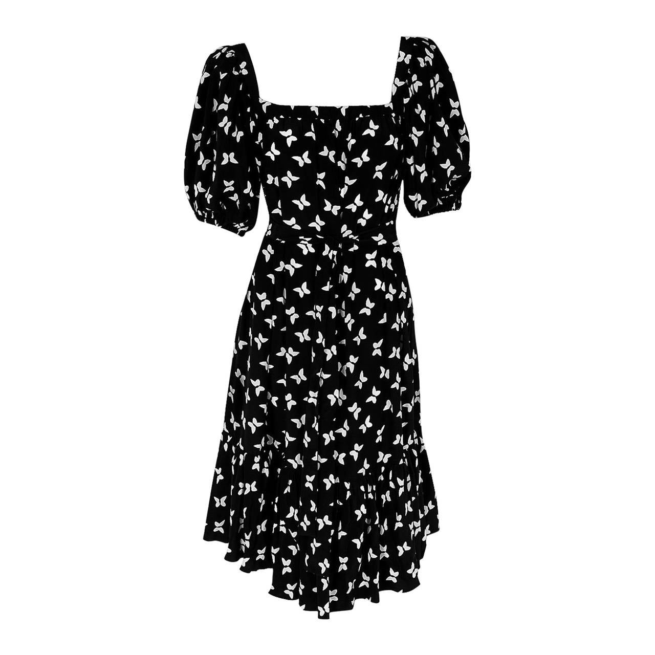 1970's Yves Saint Laurent Black White Butterfly Novelty-Print Silk Peasant Dress
