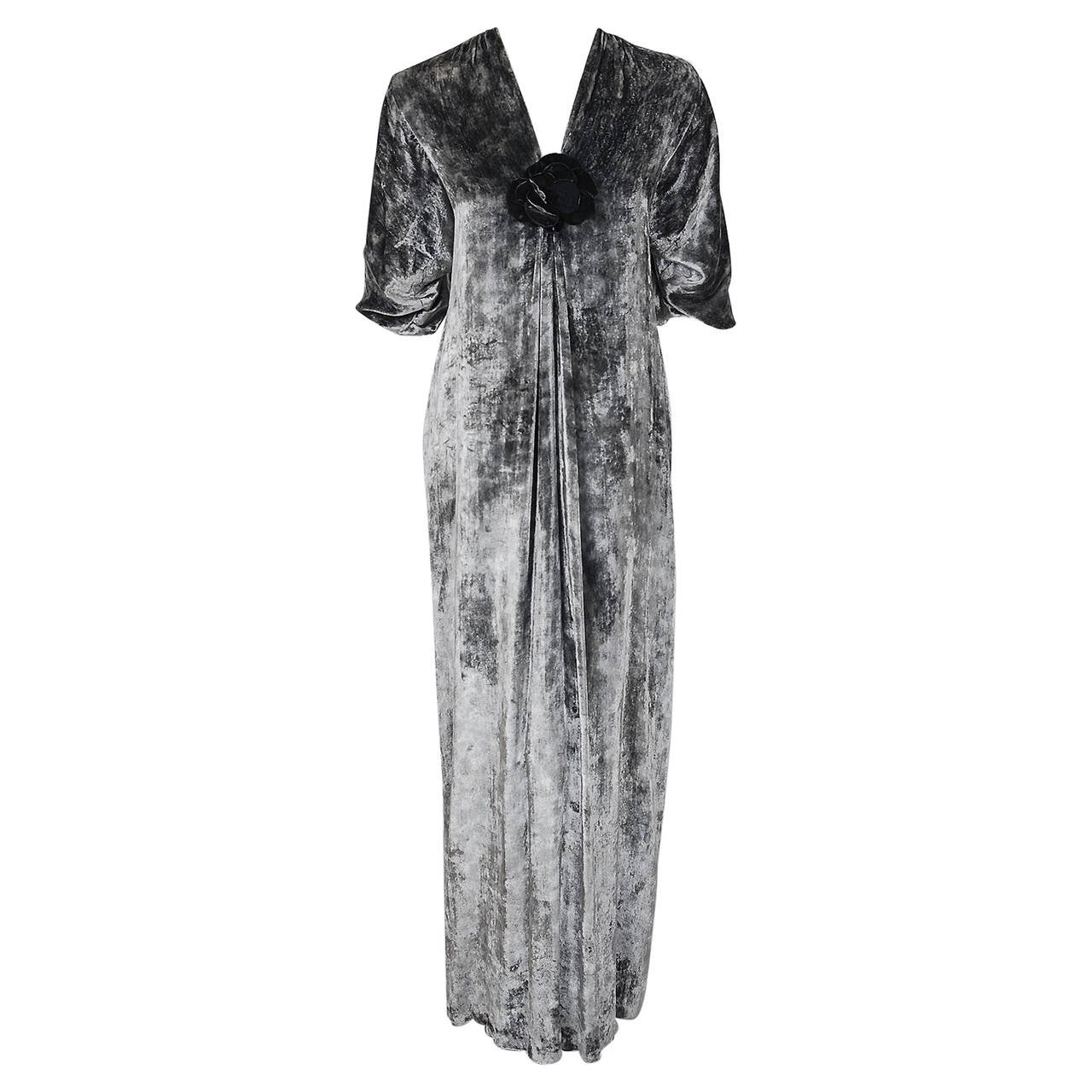 1975 Yves Saint Laurent Haute-Couture Documented Silver Silk-Velvet Caftan  Gown at 1stDibs | yves saint laurent evening caftan in black silk velvet