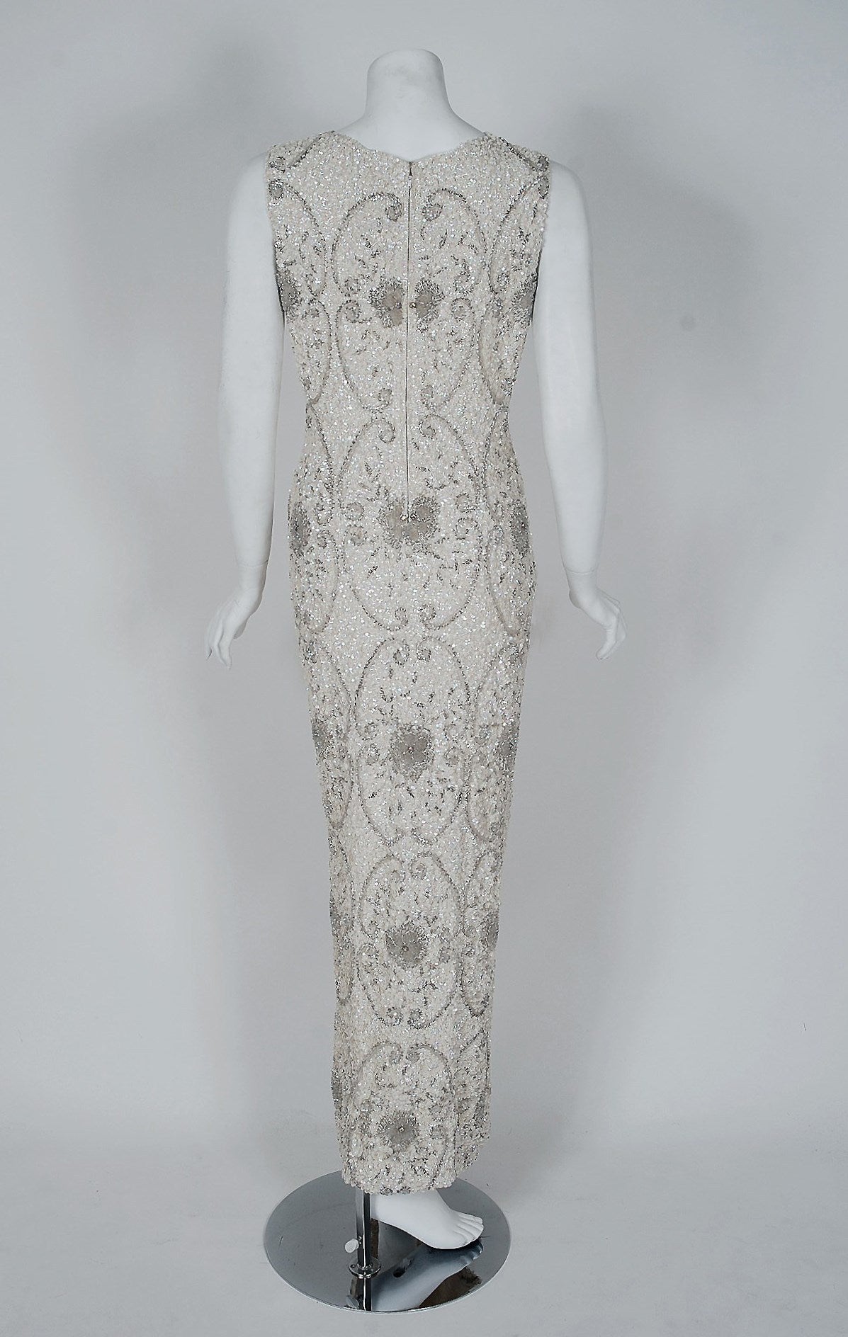 1950's Elegant Ivory-White Beaded Sequin Wool Knit Hourglass Evening Gown 1