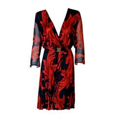1990's Gianni Versace Couture Red Black Baroque-Print Silk Pleated Dress w/Tags 12
