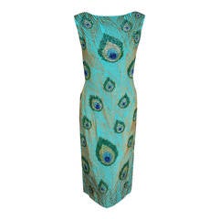 Retro 1960's Peacock Feather Novelty Beaded Sequin Silk Hourglass Cocktail Dress