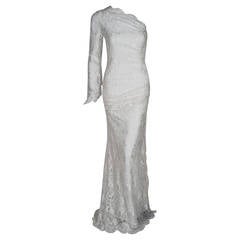 Used 2010 Emilio Pucci Couture White Lace Asymmetric One-Shoulder Goddess Gown