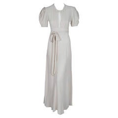1970's Ossie Clark Ivory Moss-Crepe Puff Sleeve Plunge Full-Length Gown Dress