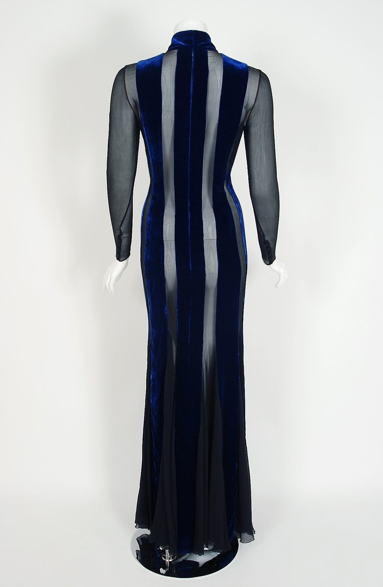 1970's Jean-Louis Scherrer Couture Blue Velvet & Black Silk Sheer-Illusion Gown 1