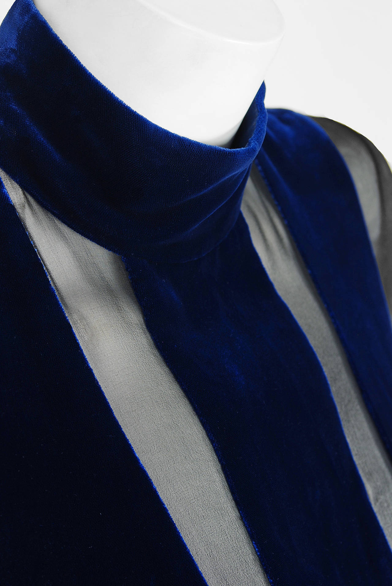 1970's Jean-Louis Scherrer Couture Blue Velvet & Black Silk Sheer-Illusion Gown In Excellent Condition In Beverly Hills, CA