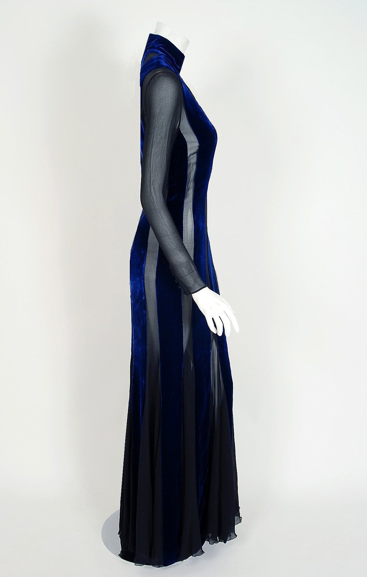 Women's 1970's Jean-Louis Scherrer Couture Blue Velvet & Black Silk Sheer-Illusion Gown