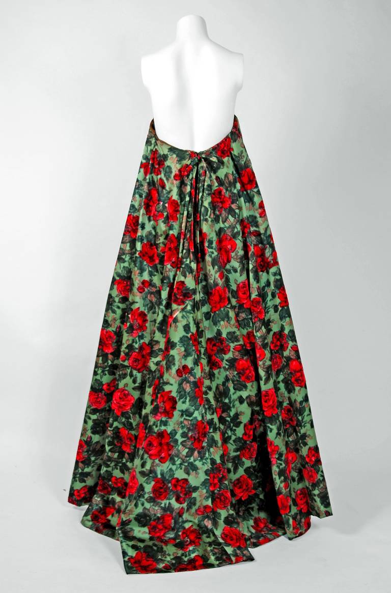 Women's 1960 Jean Desses Haute-Couture Strapless Red-Roses Floral Satin Trained Gown