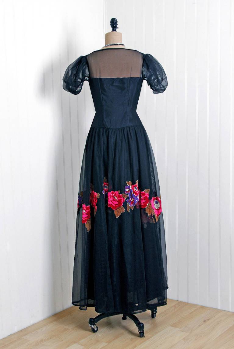 Women's 1930's Nat Cantor Floral Applique Net-Tulle Black Illusion Deco Bias-Cut Gown