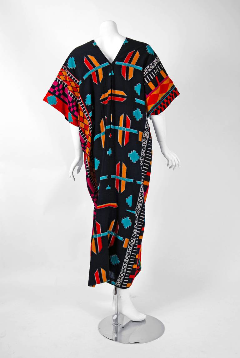 1970's Colorful Ethnic Graphic-Print Belted Cotton Bohemian Caftan Dress 2