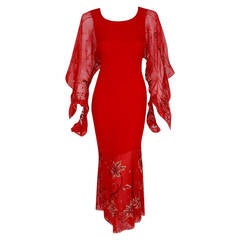 2003 Christian Dior Haute-Couture Red Beaded Chiffon Kimono-Sleeve Evening Gown 4