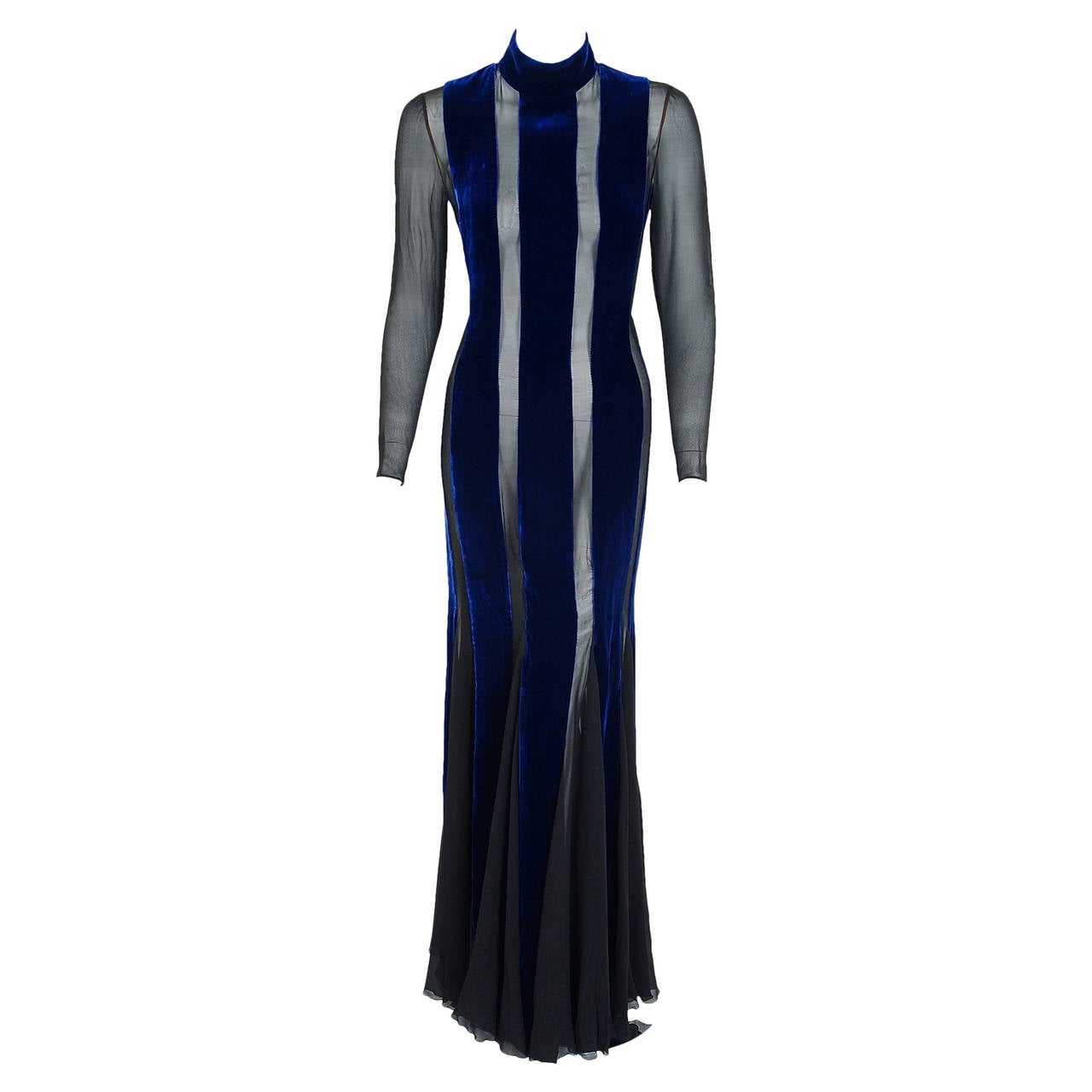 1970's Jean-Louis Scherrer Couture Blue Velvet & Black Silk Sheer-Illusion Gown