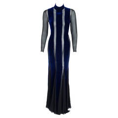 1970's Jean-Louis Scherrer Couture Blue Velvet & Black Silk Sheer-Illusion Gown