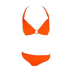 Vintage 1960's French Orange Mod Space-Age Brass Rings Bikini Swimsuit w/Tags