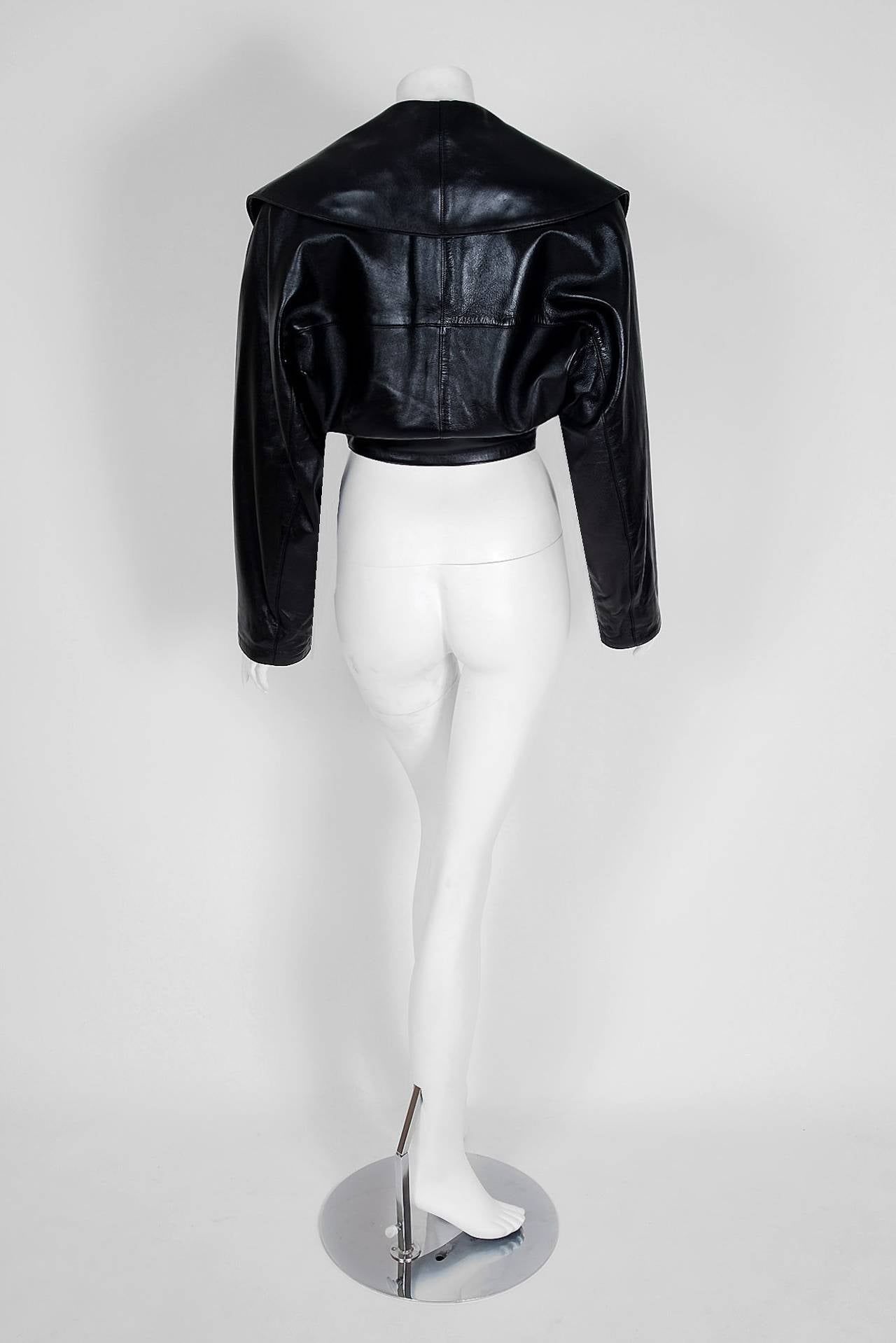 Women's 1990's Azzedine Alaia Black Leather Portrait Shawl Collar Plunge Cropped Jacket