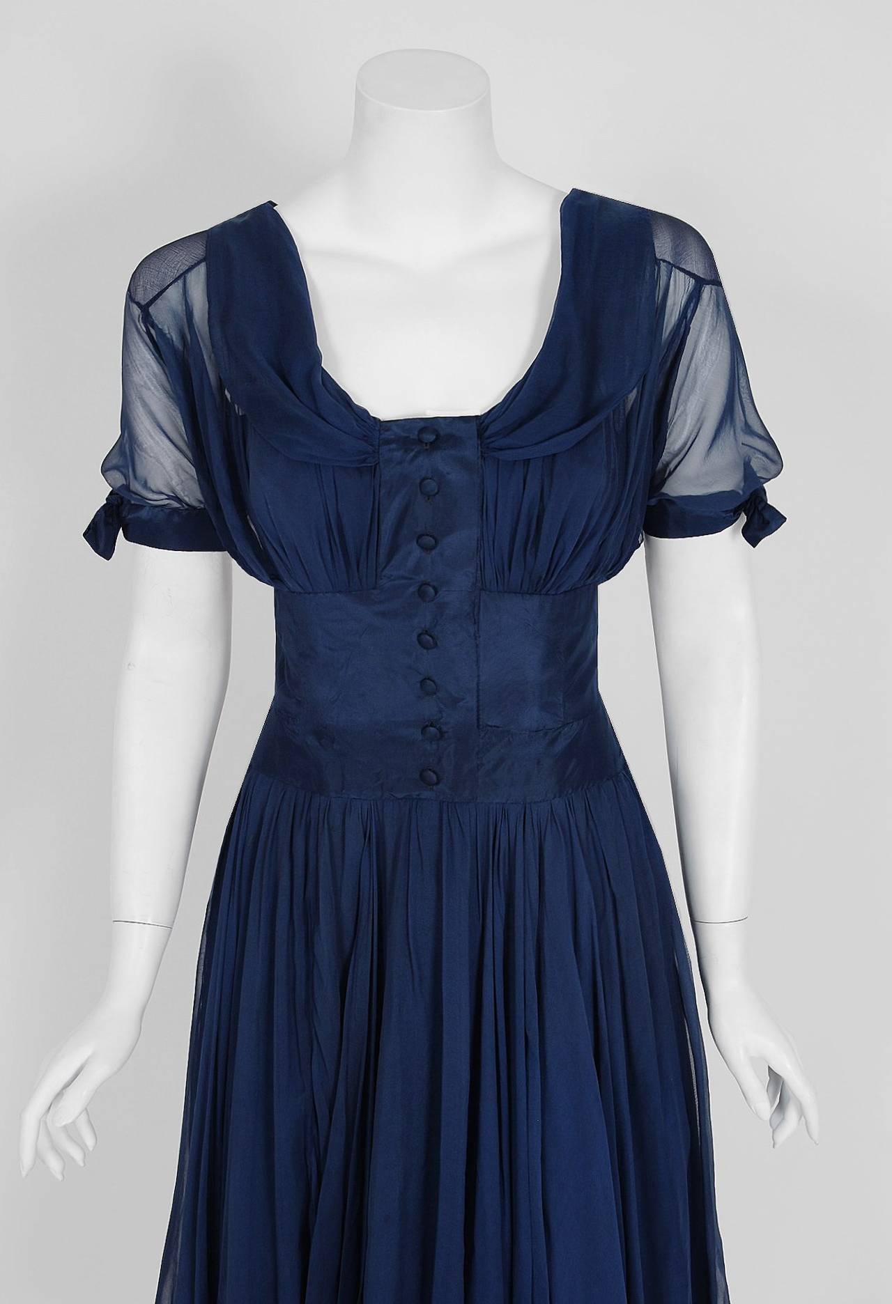 1955 Jean Desses Haute Couture Navy Blue Silk Chiffon Shelf-Bust ...