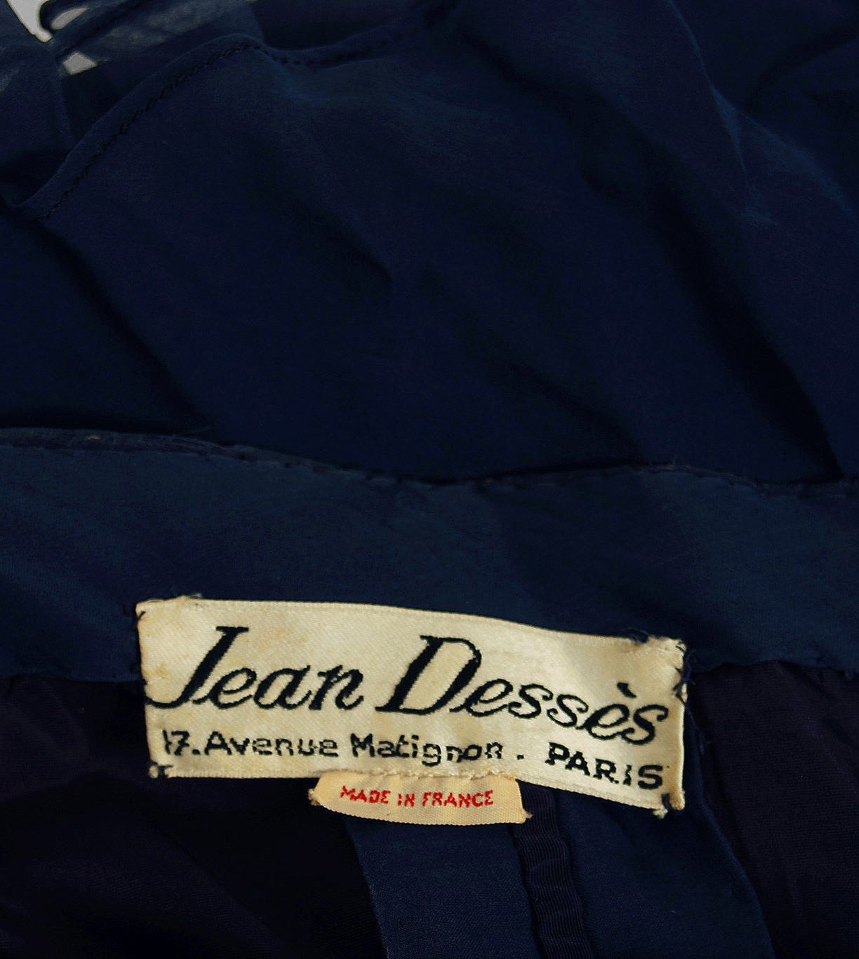 Women's 1955 Jean Desses Haute Couture Navy Blue Silk Chiffon Shelf-Bust Sculpted Dress