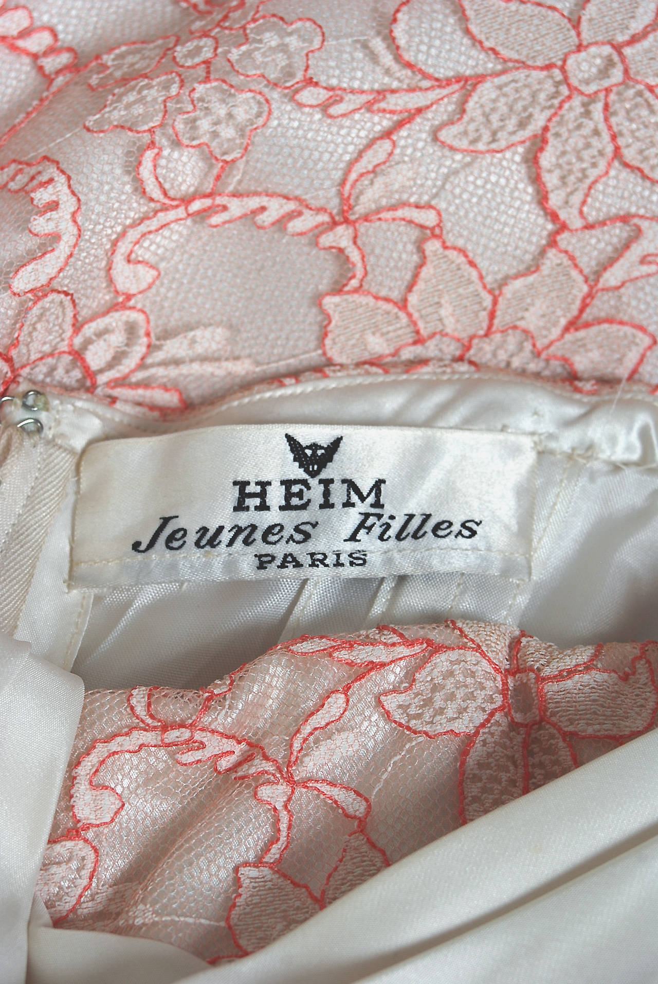 Vintage 1950's Jacques Heim Haute Couture Pink & White Lace One-Shoulder Dress 1