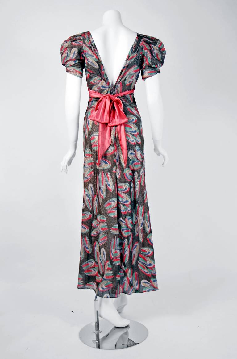 Women's 1930's Colorful Atomic Deco Print-Lame Puff Sleeve Hourglass Bias-Cut Gown