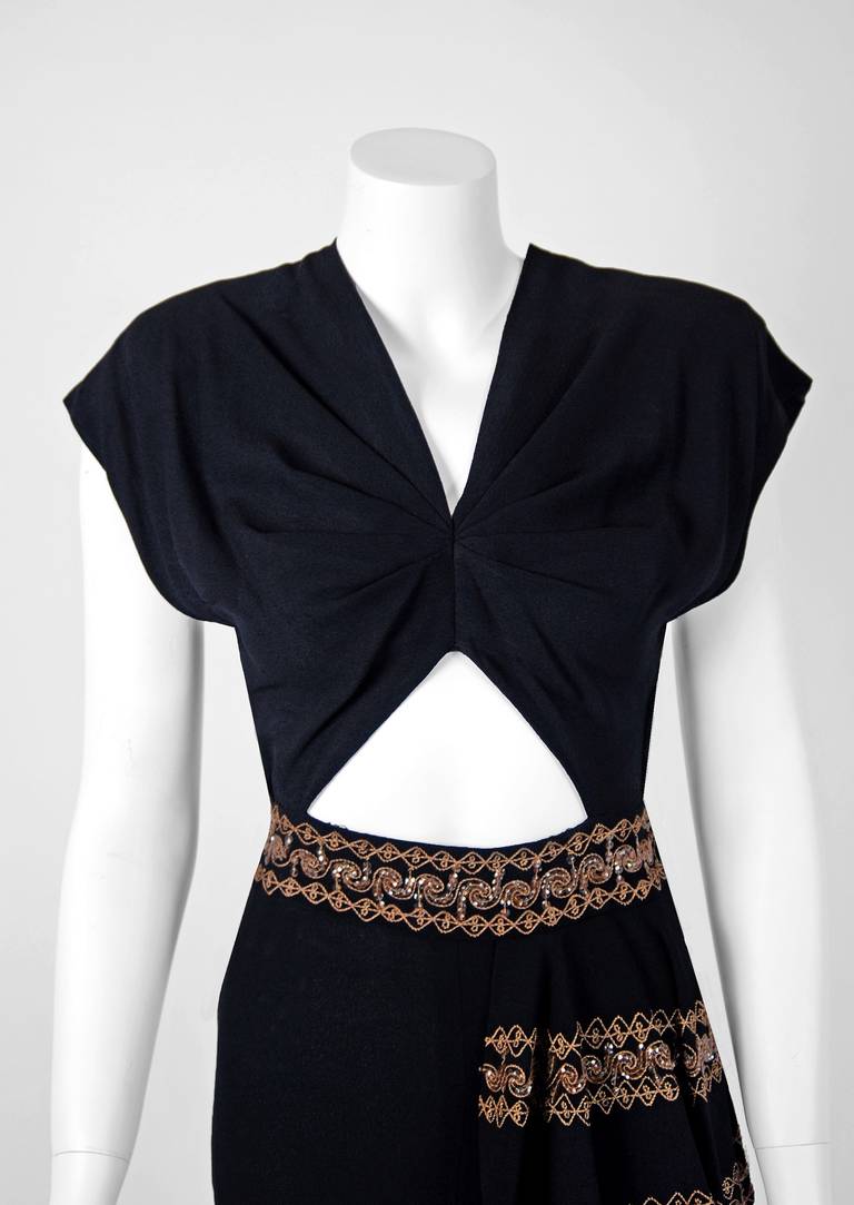 1930's Metallic-Gold Sequin Embroidered Black Rayon Cut-Out Deco Evening Gown