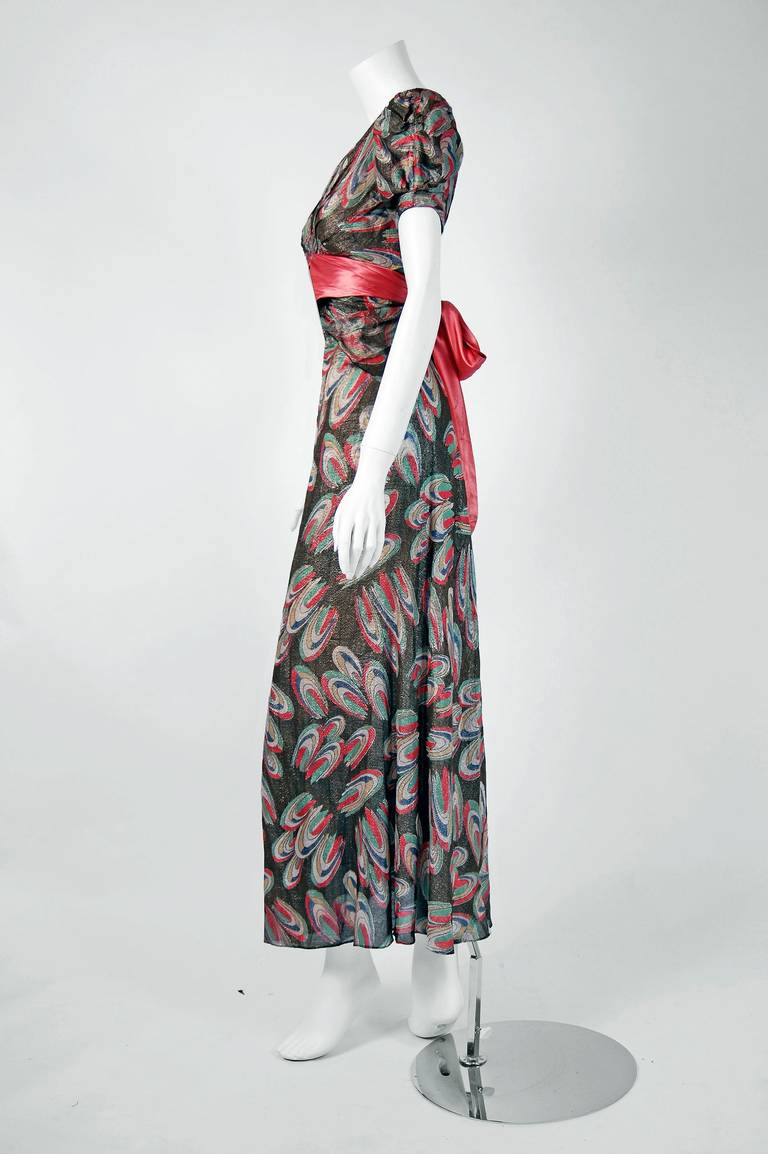 1930's Colorful Atomic Deco Print-Lame Puff Sleeve Hourglass Bias-Cut Gown In Excellent Condition In Beverly Hills, CA