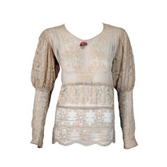 1920's Embroidered Ecru Mixed Lace Crochet Sheer Puff-Sleeve Bohemian Blouse