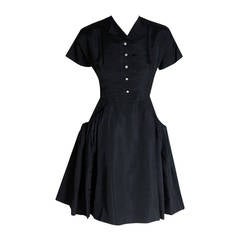 1950's Pauline Trigere Black Silk Rhinestone Sculpted Pockets Full Party Dress 5