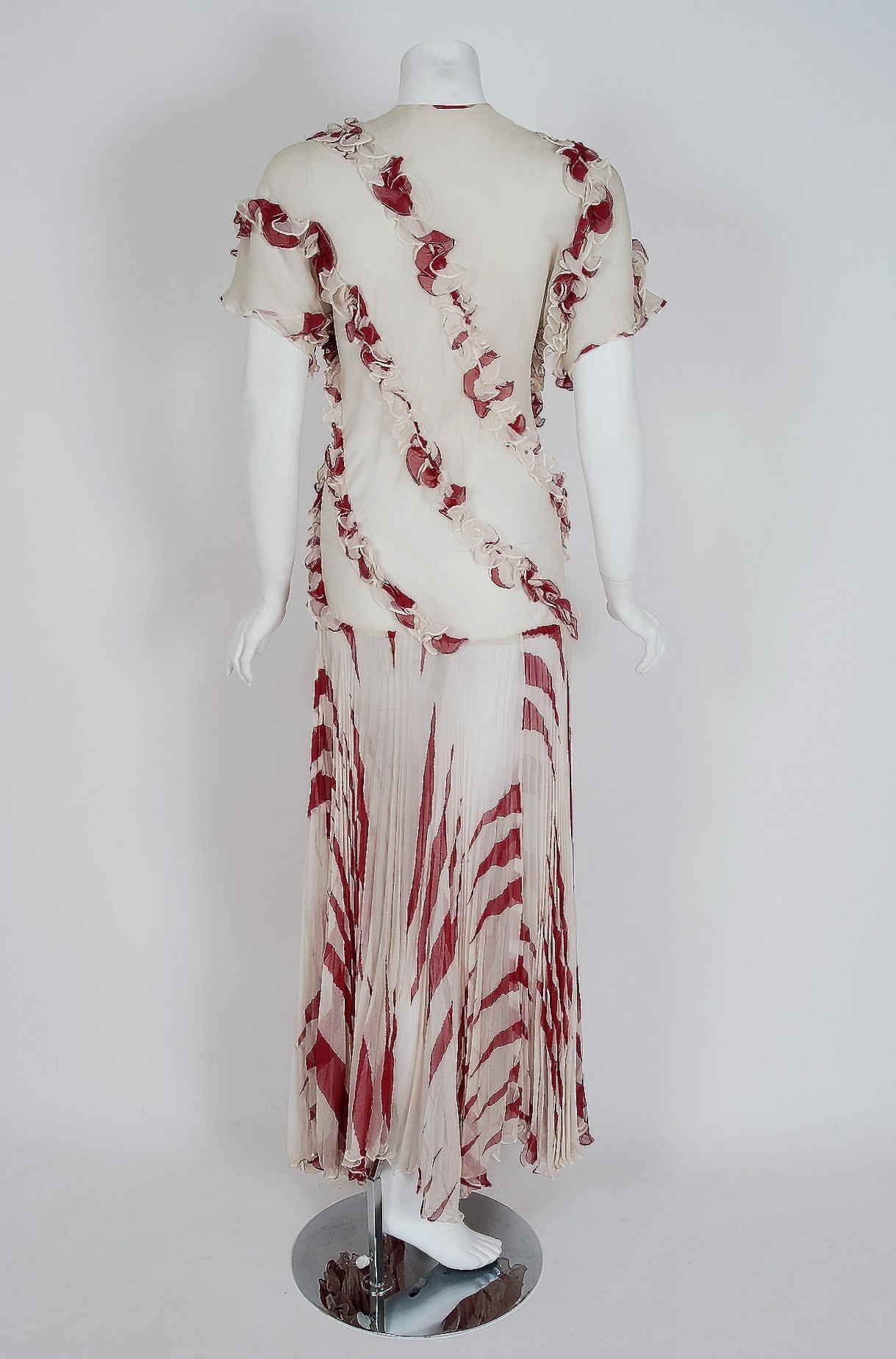 1970 Ossie Clark Burgundy & Ivory Silk Chiffon Sculpted Bias-Cut Pleated Dress 1
