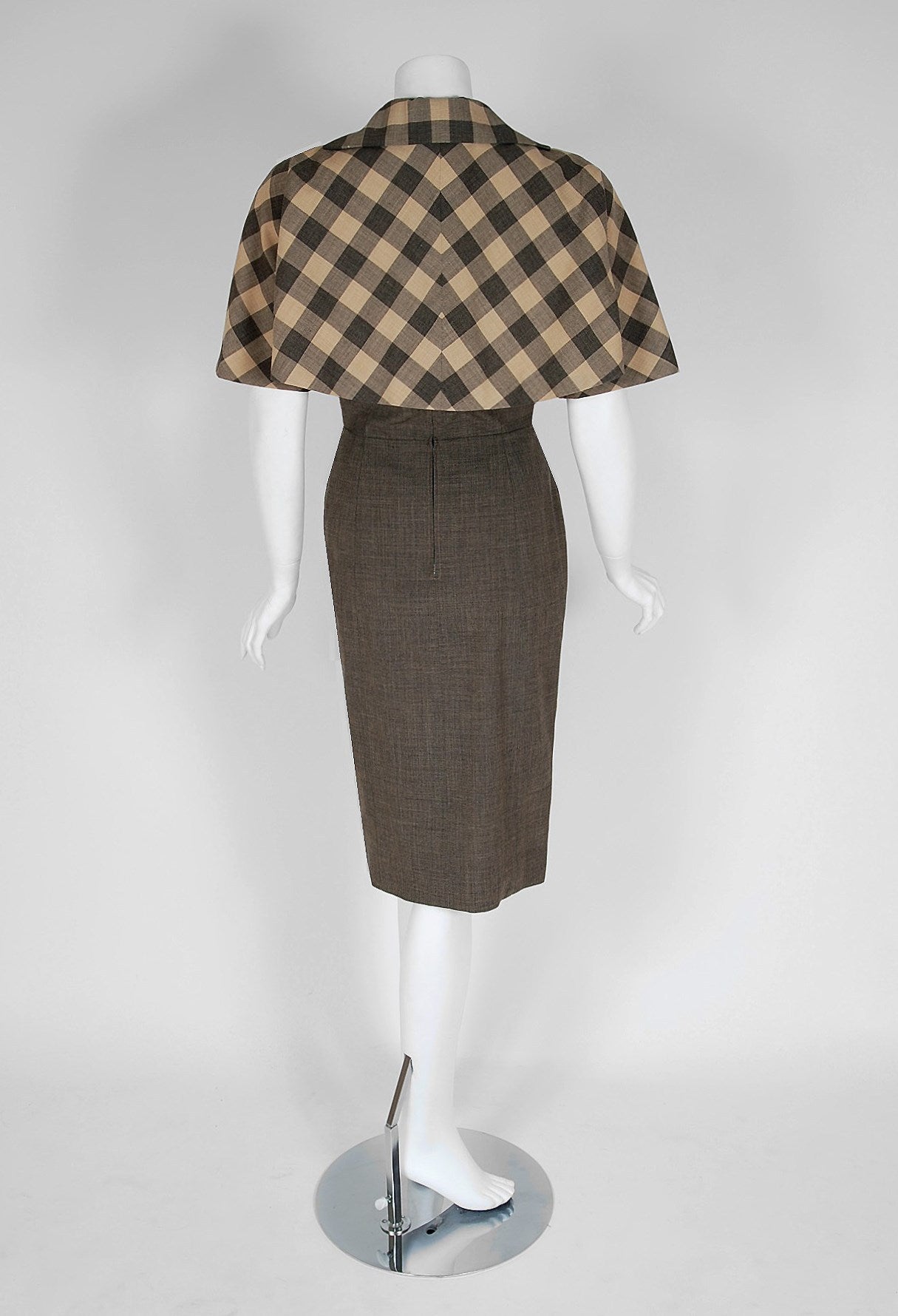 1950's Pauline Trigere Plaid Taupe Silk Hourglass Cocktail Dress & Bolero 1