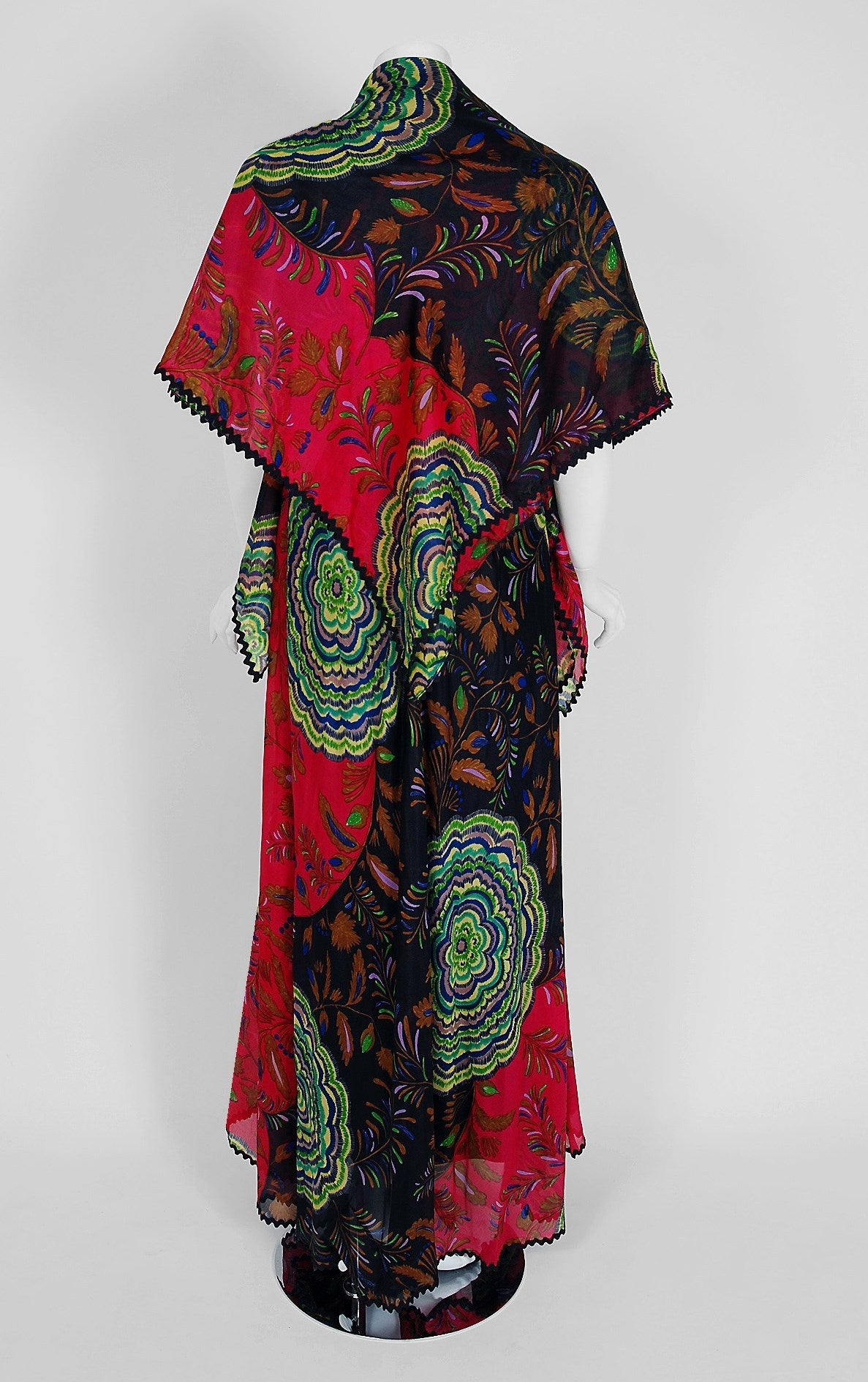 1974 Lanvin Couture Colorful Abstract-Floral Print Silk Goddess Gown & Shawl 1
