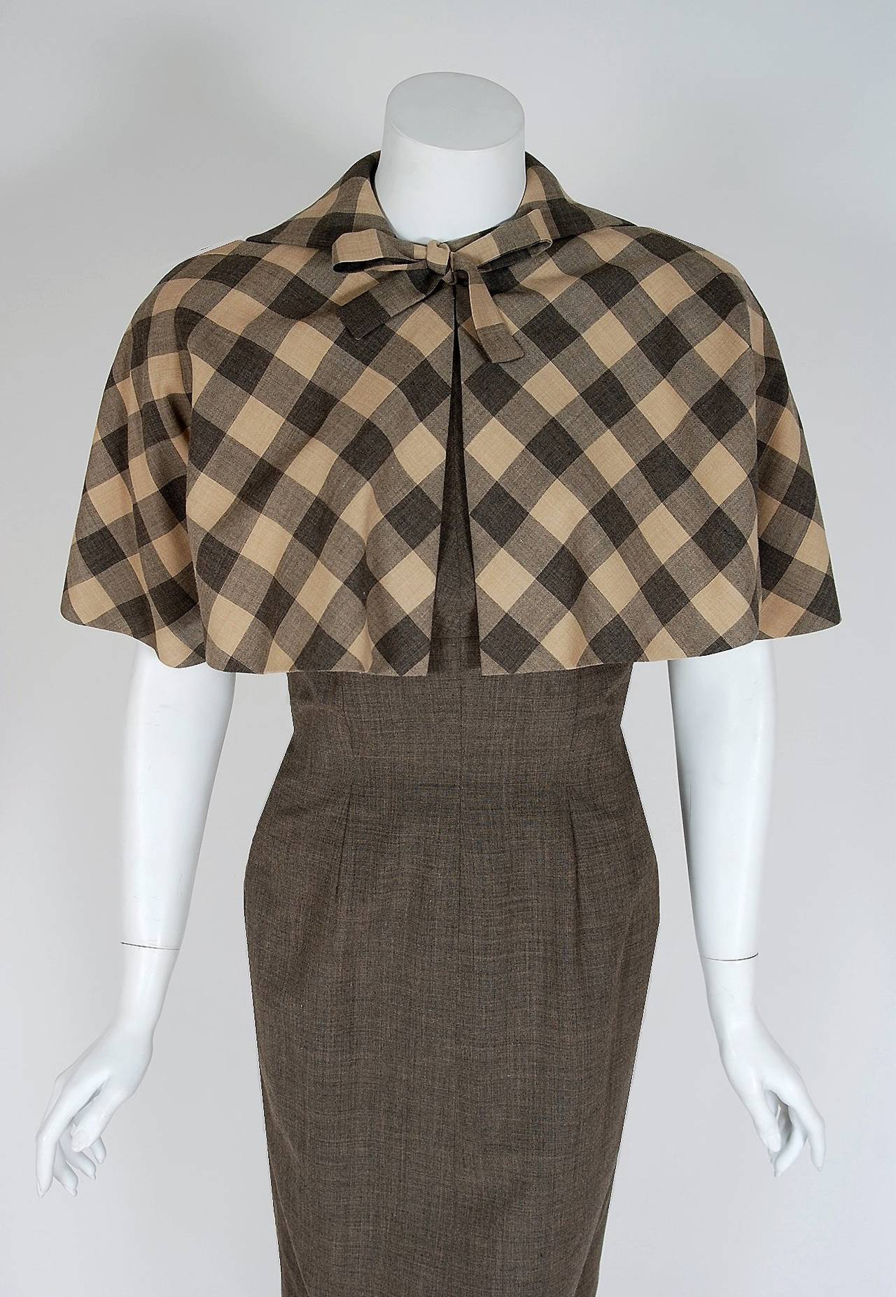 1950's Pauline Trigere Plaid Taupe Silk Hourglass Cocktail Dress & Bolero In Excellent Condition In Beverly Hills, CA