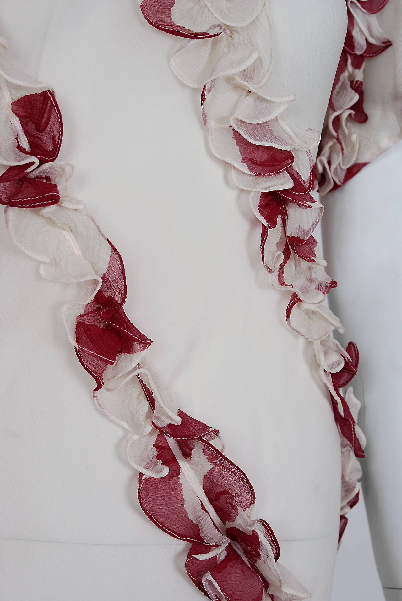 1970 Ossie Clark Burgundy & Ivory Silk Chiffon Sculpted Bias-Cut Pleated Dress In Excellent Condition In Beverly Hills, CA