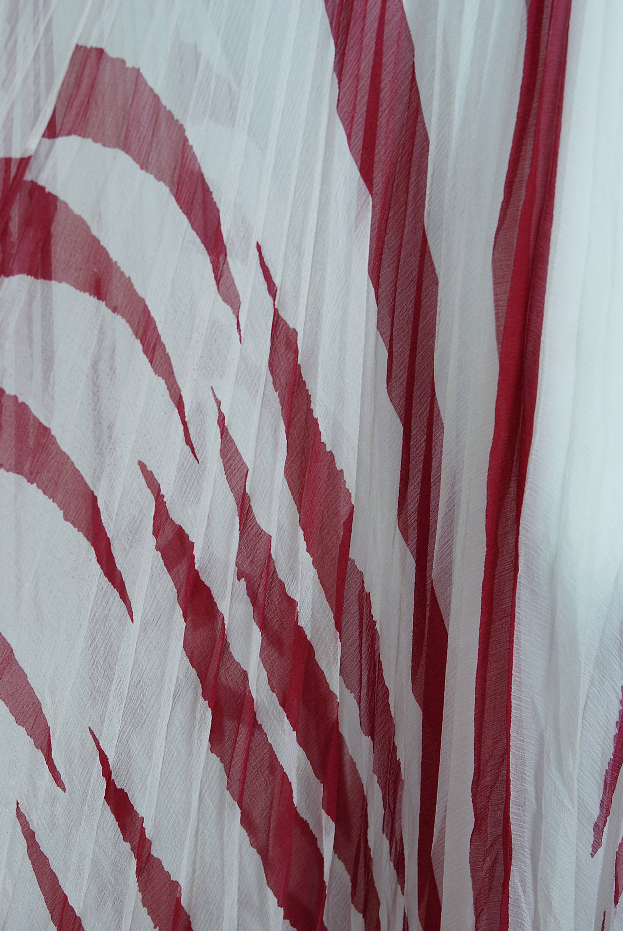 Women's 1970 Ossie Clark Burgundy & Ivory Silk Chiffon Sculpted Bias-Cut Pleated Dress