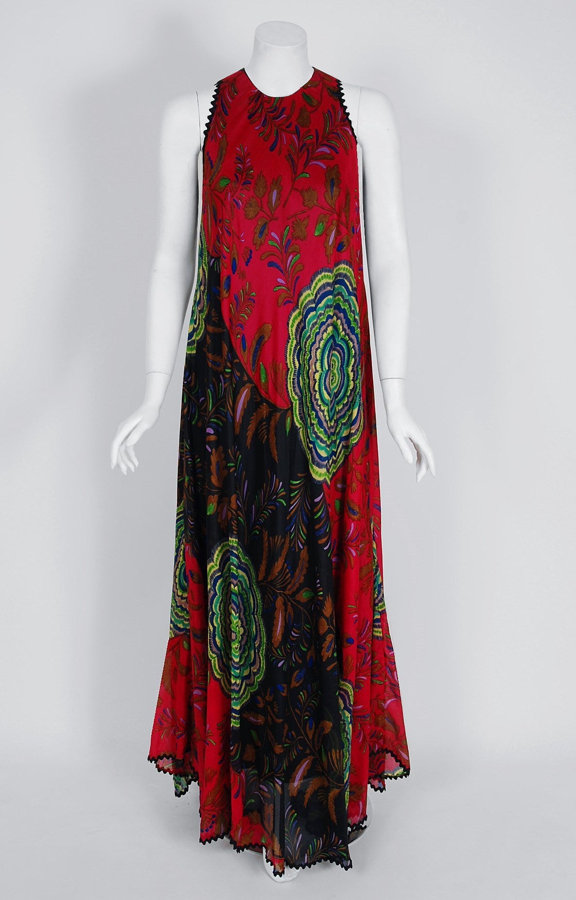 1974 Lanvin Couture Colorful Abstract-Floral Print Silk Goddess Gown ...