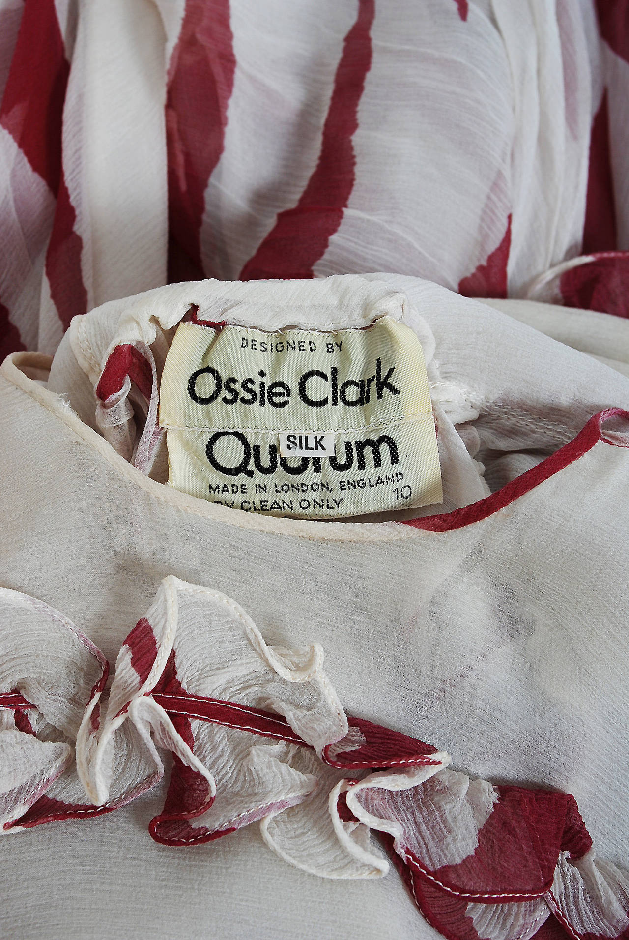 1970 Ossie Clark Burgundy & Ivory Silk Chiffon Sculpted Bias-Cut Pleated Dress 2