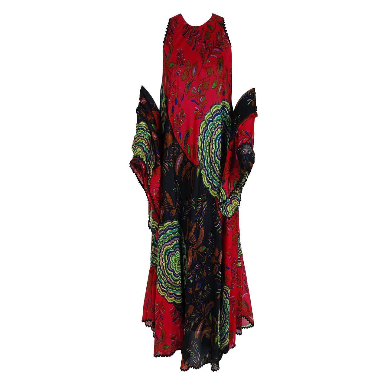 1974 Lanvin Couture Colorful Abstract-Floral Print Silk Goddess Gown & Shawl