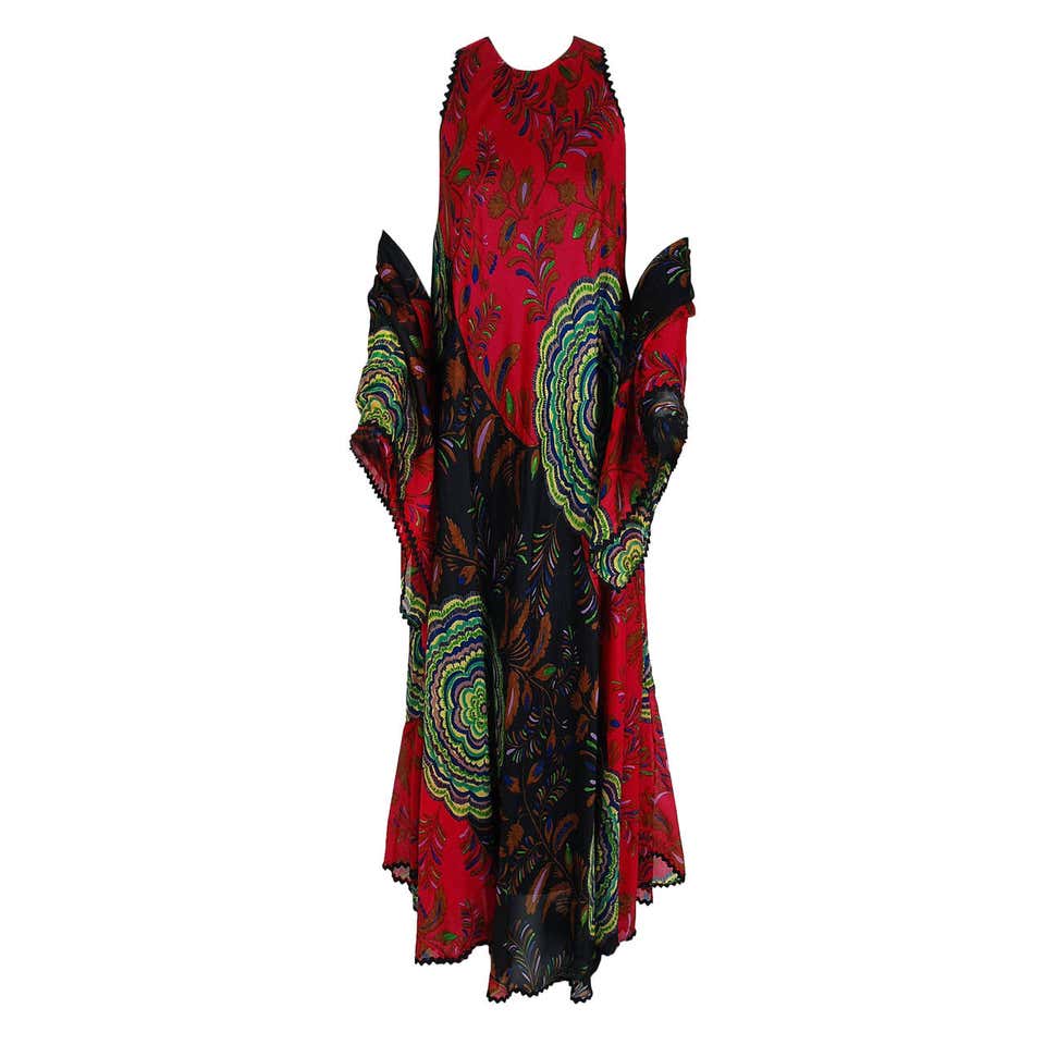 1974 Lanvin Couture Colorful Abstract-Floral Print Silk Goddess Gown ...