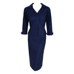 1940's Don Loper Navy-Blue Silk Tailored Hourglass Noir Pencil-Skirt Suit