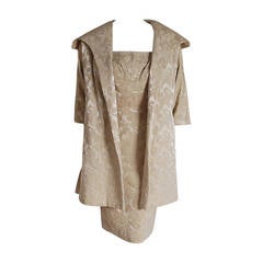 Vintage 1950's Lilli Diamond Beaded Champagne Silk Brocade Cocktail Dress & Swing Coat