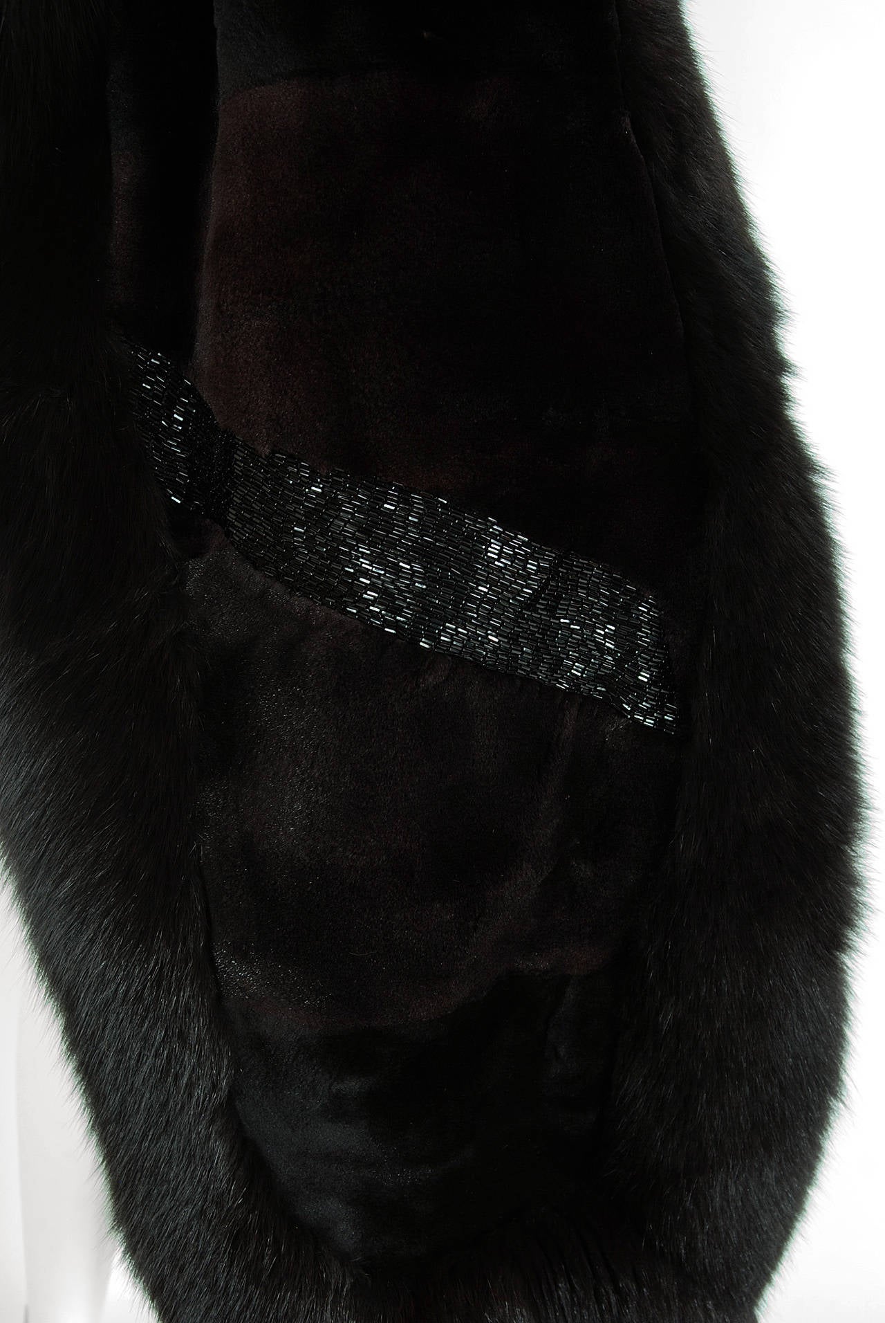Women's 1970's Oscar de la Renta Beaded Black Diamond Mink-Fur Long Tail Stole Shawl