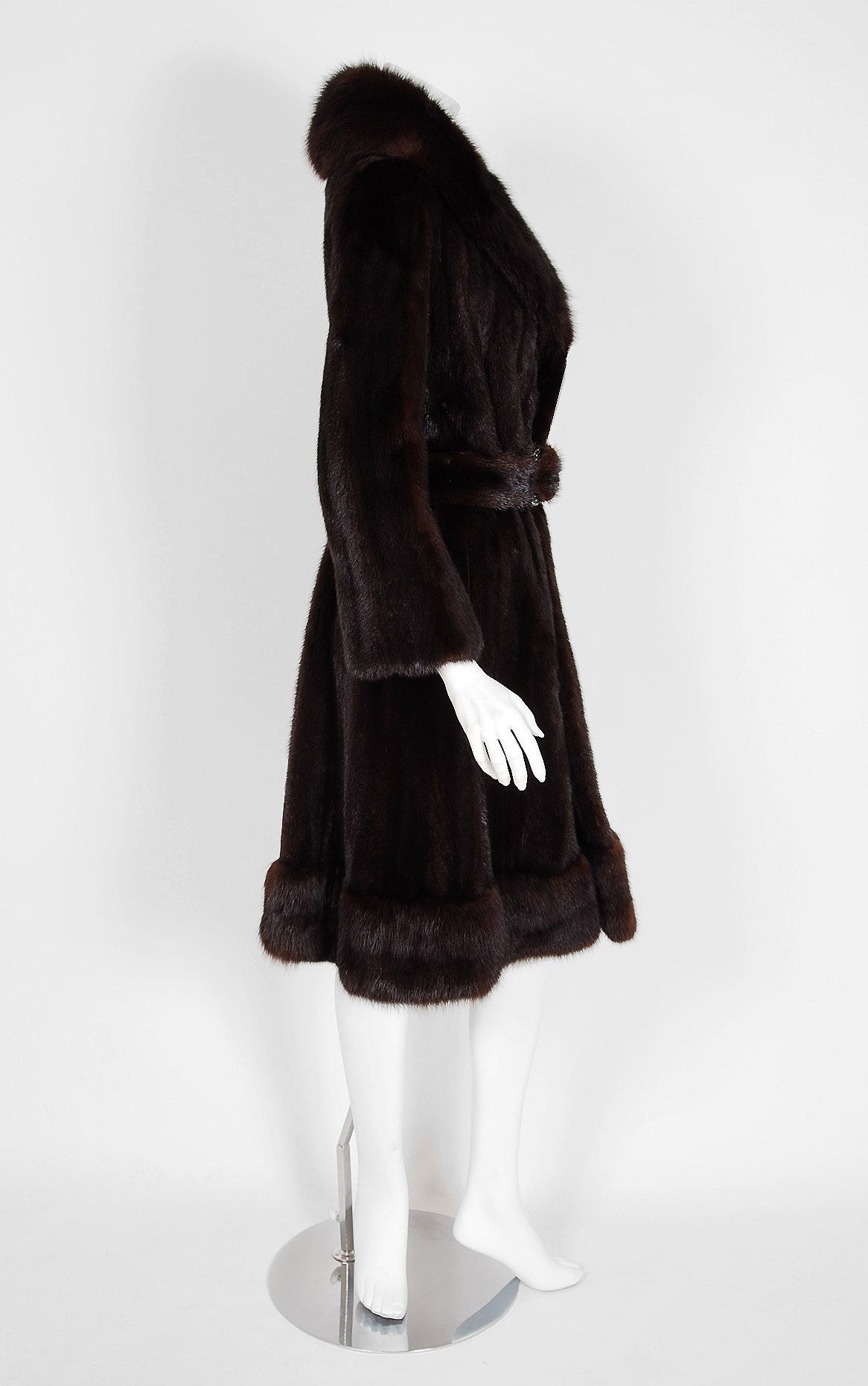 1960's Pierre Cardin Couture Chocolate-Brown Mink & Sable Belted Princess Coat