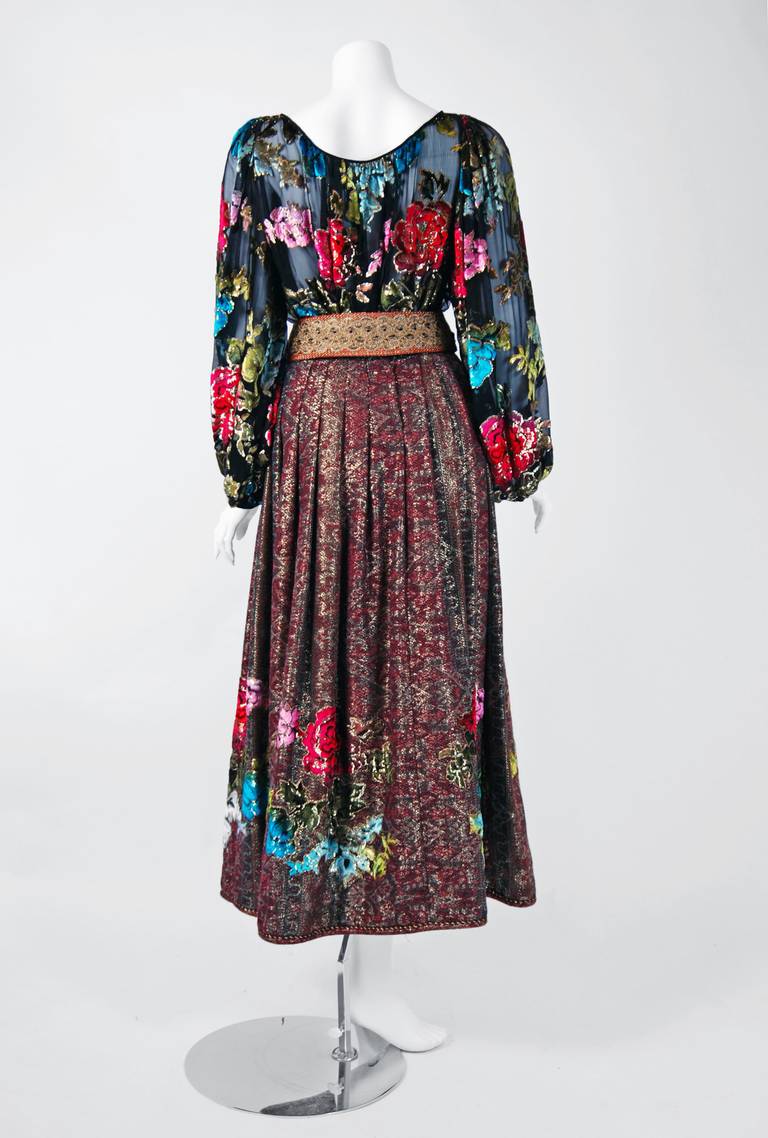 1970's Oscar de la Renta Metallic Colorful Floral Silk Peasant Dress Ensemble 1