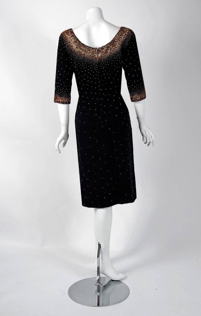 1950's Elegant Gold Beaded Black Hourglass Hand-Knit Wool Wiggle Cocktail Dress 1