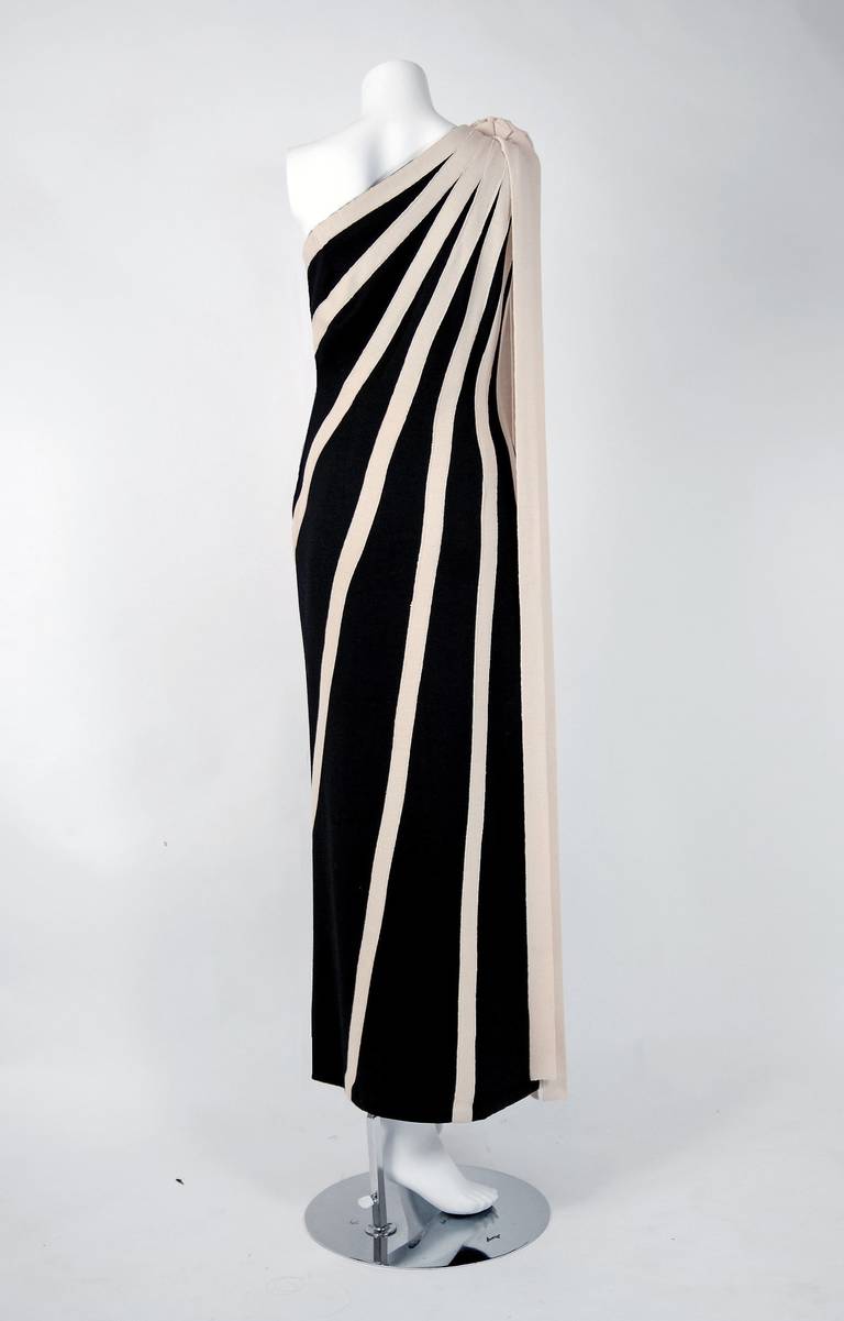 1960's Black & Ivory Stripe Knit Asymmetric One-Shoulder Hourglass Evening Gown 1
